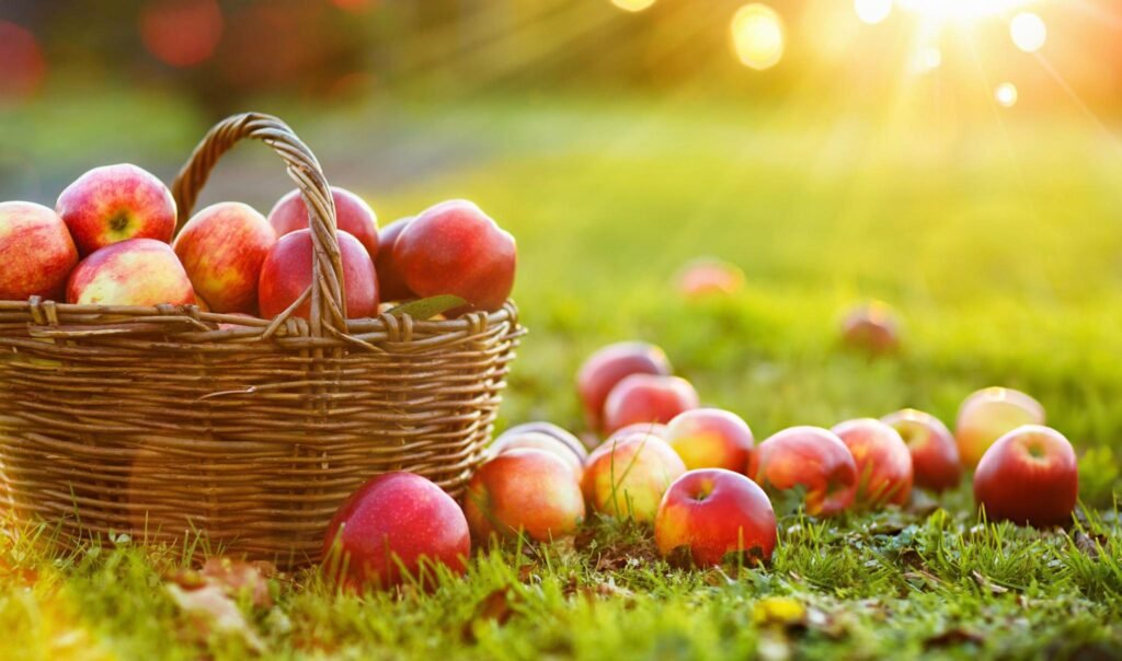 Un panier rempli de pommes rouges sur une pelouse illuminée par le soleil.